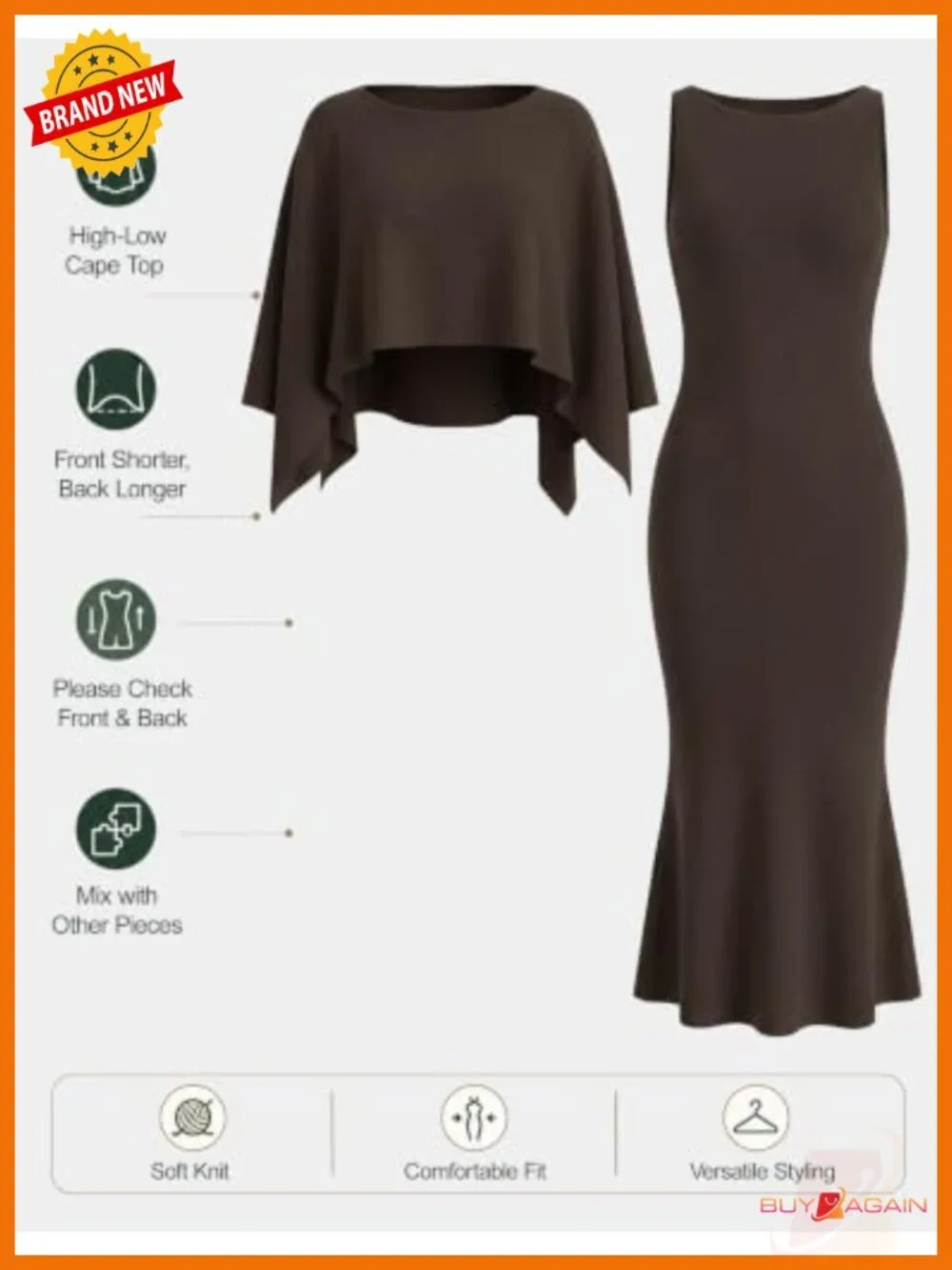 2 Piece Knit Sweater Dress & Poncho Cape Set Bodycon Midi Fall Winter Outfit